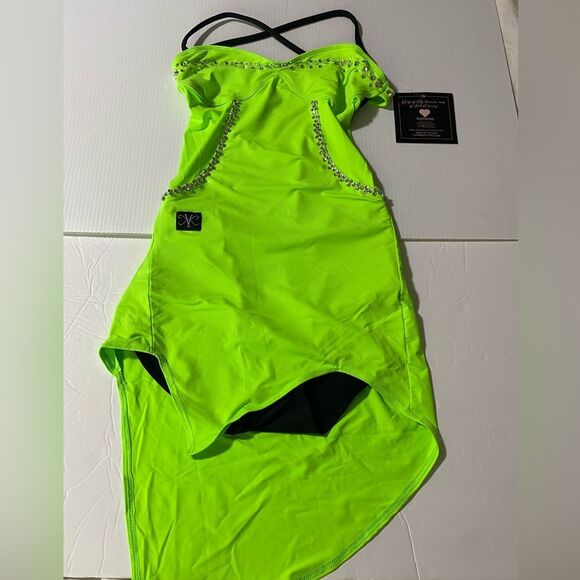 Kandi Kouture dance costume neon green SPOTLIGHT DRESS custom stoned XLC 10/12 - Picture 3 of 12